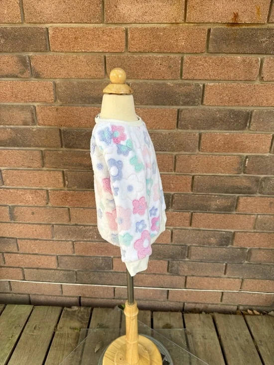 Kids Floral Plush Sweatshirt - Pastel Multicolor Size 4 - Picture 2 of 5